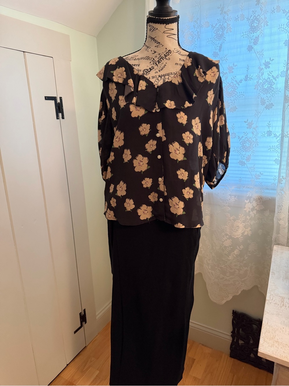 Trovata Black Blouse with Soft Pink Floral Print and Ruffle Collar